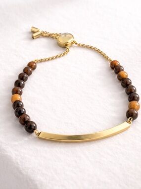 Michael Kors Tiger’s Eye Beaded Bracelet Gold Bar Adjustable